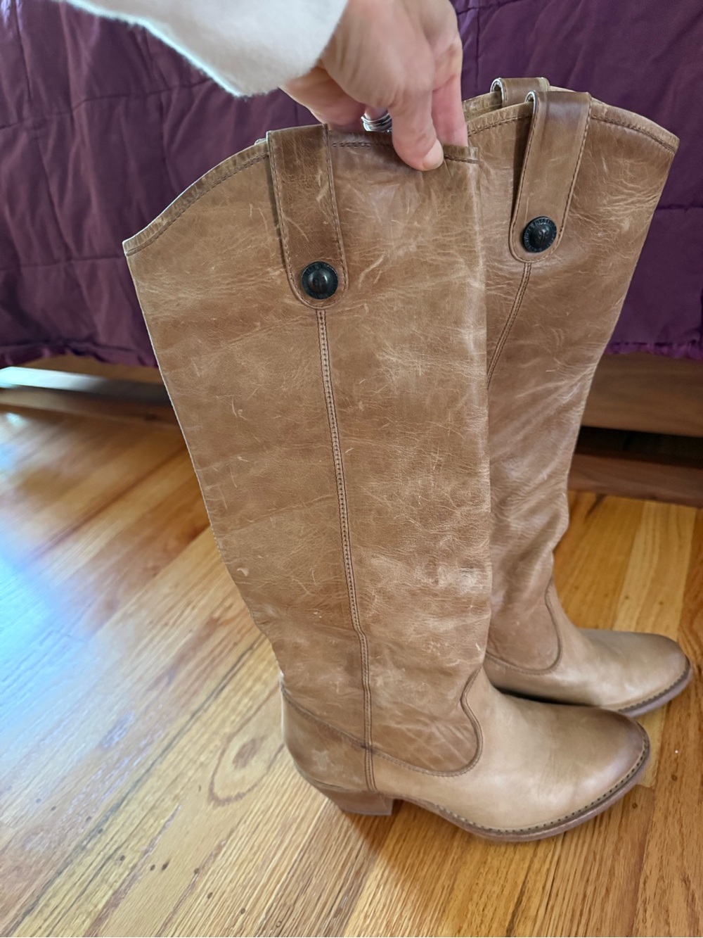 FRYE Tan Leather Mid-Calf Western-Style Heeled Boots - Picture 3 of 4